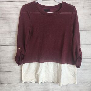 Mine Women’s Top Small Burgundy Layered Lace Hem Long Sleeve Blouse